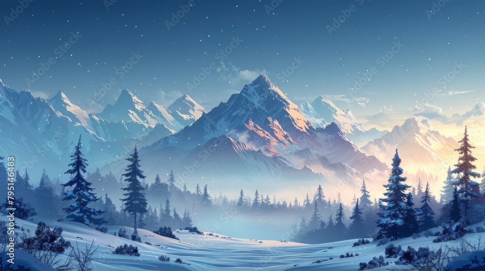 Snowy Mountain Scene With Pine Trees