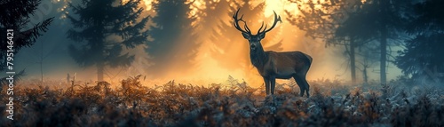 Silhouette of a deer in a misty forest at twilight
