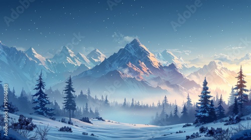 Snowy Mountain Scene With Pine Trees