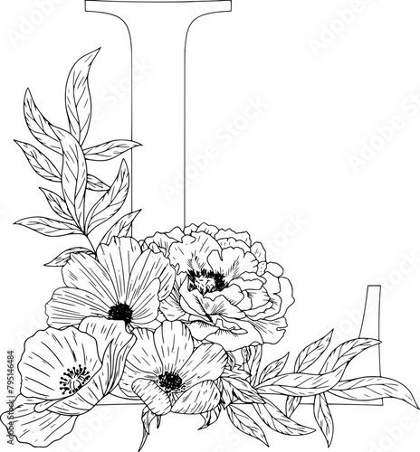 Hand drawn floral arrangement with peony ,roses and leaves wrapped around the letter L