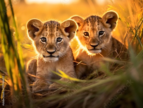 two young lions in the grass © Dan