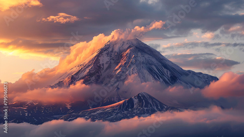 Vilyuchinsky volcano with clouds at sunrise in Kamchat photo