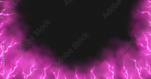 Pink smoke with lightnings abstract background, thunderbolts and vapor, lightning in pink fog. Neon haze with energy charges. Vector illustration.