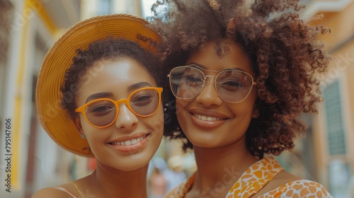 Two Women Wearing Yellow Glasses and Brown Hat