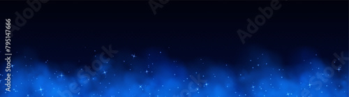 Blue magic smoke with stars and sparkles, fog with glowing particles, colorful vapor with star dust. Fantasy haze background. Vector illustration.
