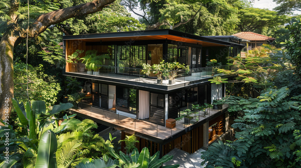 A stunning architectural design of a contemporary residence surrounded by lush trees, with a focus on the interplay of light and shadow on its facade.