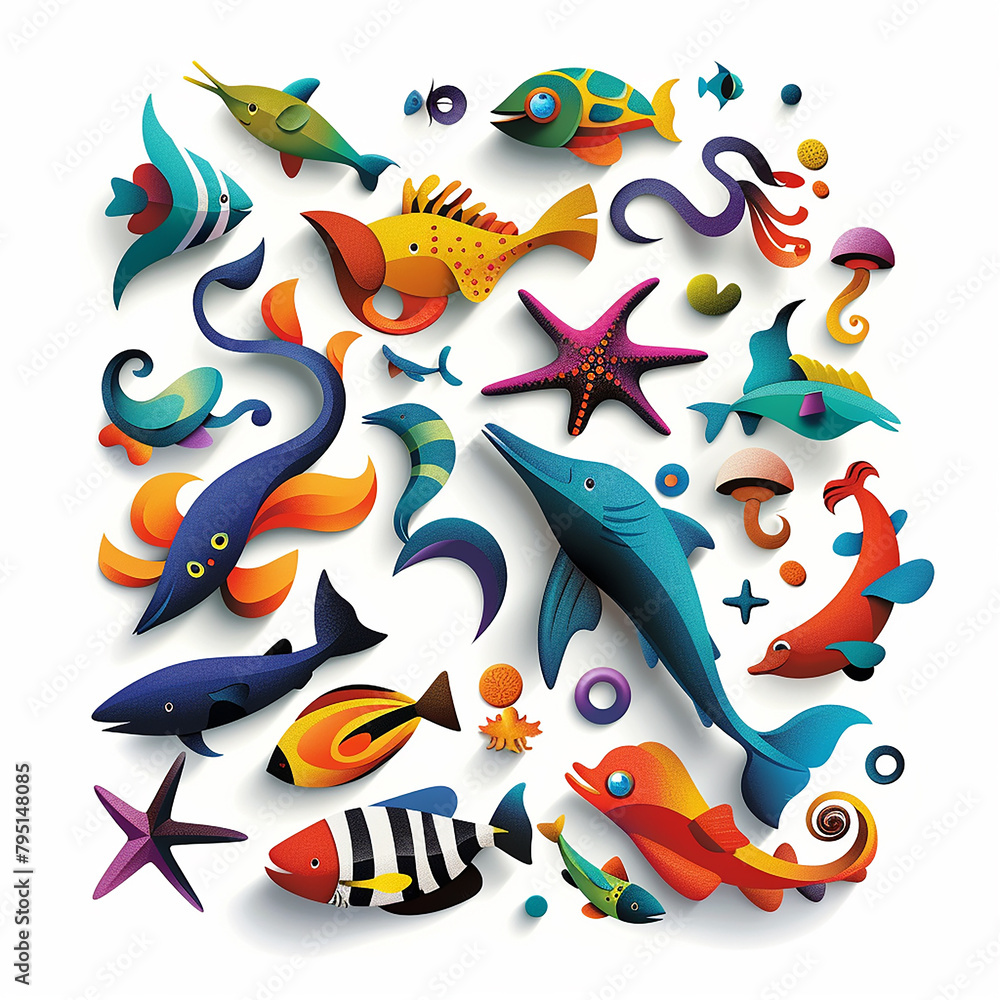 Fototapeta premium 3d rendered photos of A logo for doodle Silhouette of Sea creatures abstract design Scandinavian art style minimalistic made with generative AI