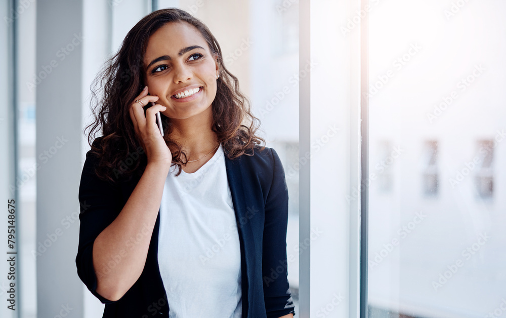 Businesswoman, phone call and office networking for project communication, planning or interior designer. Female person, smile and cellphone for small business entrepreneur, startup or professional Businesswoman, phone call and office networking for project communication, planning or interior designer. Female person, smile and cellphone for small business entrepreneur, startup or professional