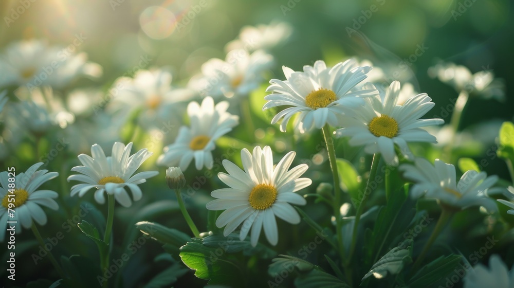 A serene cluster of white daisies bathed in the golden glow of morning light, evoking the freshness of a new day.