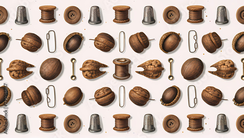 Evenly spaced collages from digital scrapbook paper feature small antique ephemera items such as thimbles, wooden buttons, vintage spools of thread. acorn shell Walnut shells, safety pins, hair clips, photo