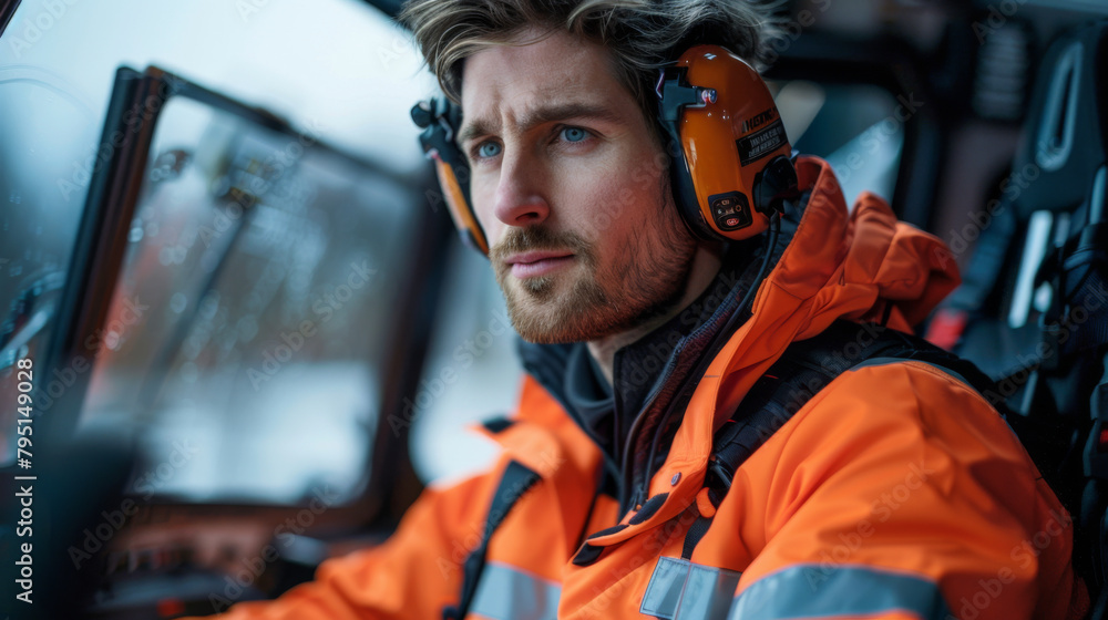 An attentive male helicopter pilot wearing headphones and an orange hi-vis vest in the cockpit, ready for takeoff.