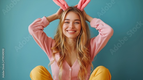 Woman With Bunny Ears Sitting on Floor