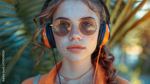 Young Girl Wearing Headphones and Sunglasses