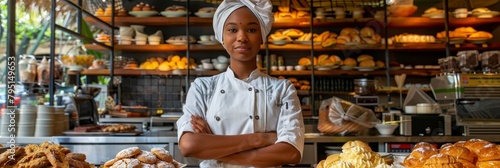 Confident female pastry chef standing proudly in her artisan bakery, showcasing expertise