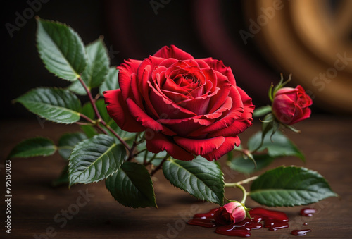 Beautiful red rose flowers and blood.