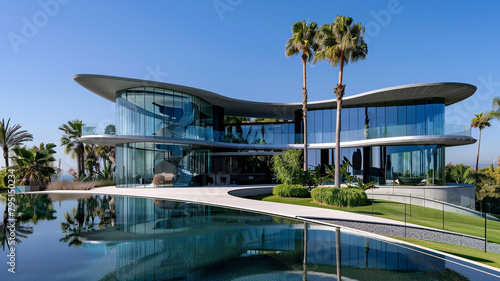A stunning modern mansion with a sweeping curved facade, clad in glass panels reflecting the azure sky and surrounding palm trees.