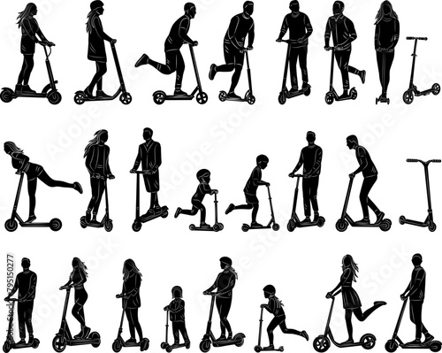 set of people riding a scooter, women on a scooter, men on a scooter, children on a scooter collection of silhouettes on a white background vector