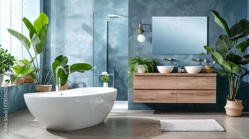 A bathroom with a large bathtub, a mirror, and a window photo