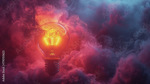 Illuminated Light Bulb Surrounded by Smoke on Red and Blue Background