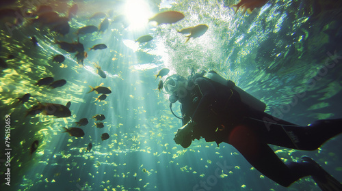 Diver underwater among fish.