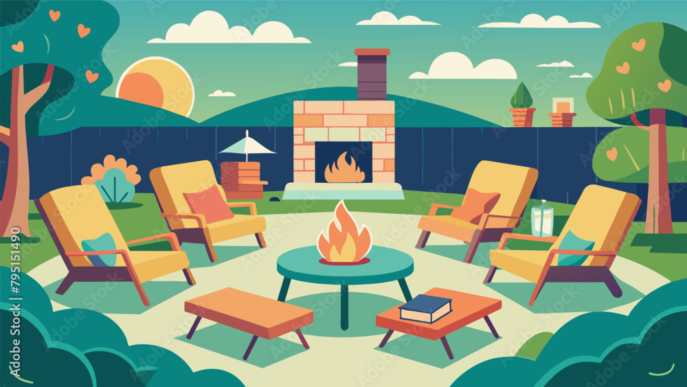 A sunlit garden patio filled with cushioned chairs and a charming outdoor fireplace where avid readers come together to discuss their favorite. A sunlit garden patio filled with cushioned chairs and a charming outdoor fireplace where avid readers come together to discuss their favorite.