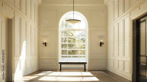 Elegant neoclassical entryway with natural light creating serene ambiance
