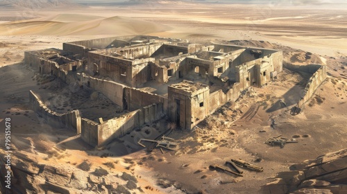 Abandoned military outpost surrounded by barren desert