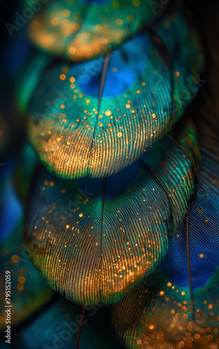 Peacock feathers in closeup background.