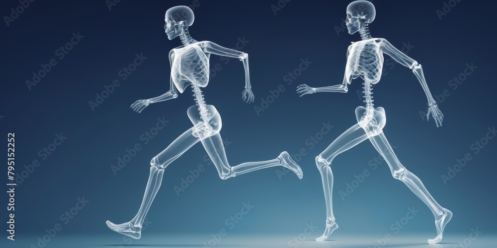 Concept of orthopedic medical technology, graphic of a man running with skeleton x-ray scan
