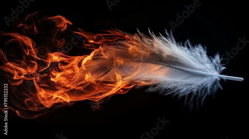 White feather burning isolated on black screen. Purity and Innocence Lost concept photo