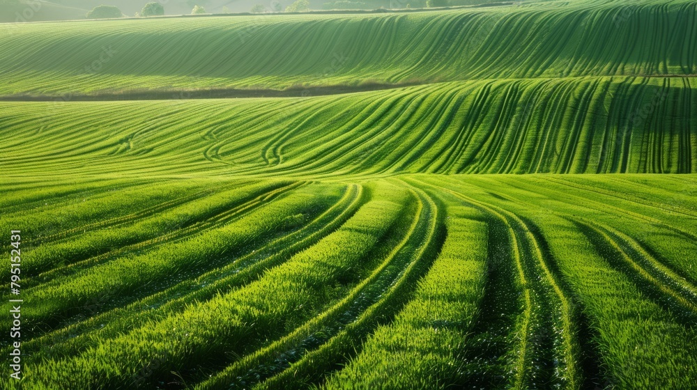 Agricultural landscape with green fields of crops and irrigation system Agricultural landscape with green fields of crops and irrigation system