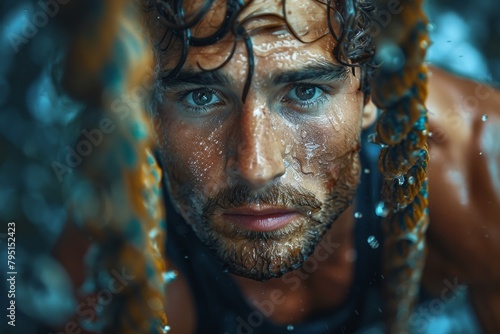 The image features a close-up of a man's face behind wet ropes, showing expressive eyes and water-on-skin texture