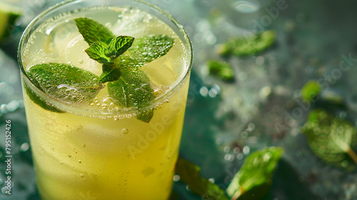 A refreshing pitcher of homemade lemonade garnished with mint leaves  condensation glistening on the glass.