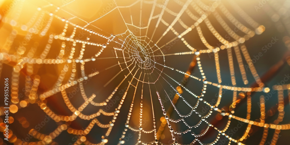 Morning Dew on Spider Web with Sun in Background Nature's Delicate Beauty in Early Light