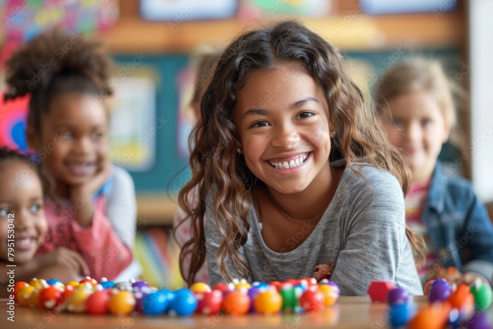 A vibrant photo of a happy young girl at school playing with colorful toys, showcasing joy and childhood innocence A vibrant photo of a happy young girl at school playing with colorful toys, showcasing joy and childhood innocence