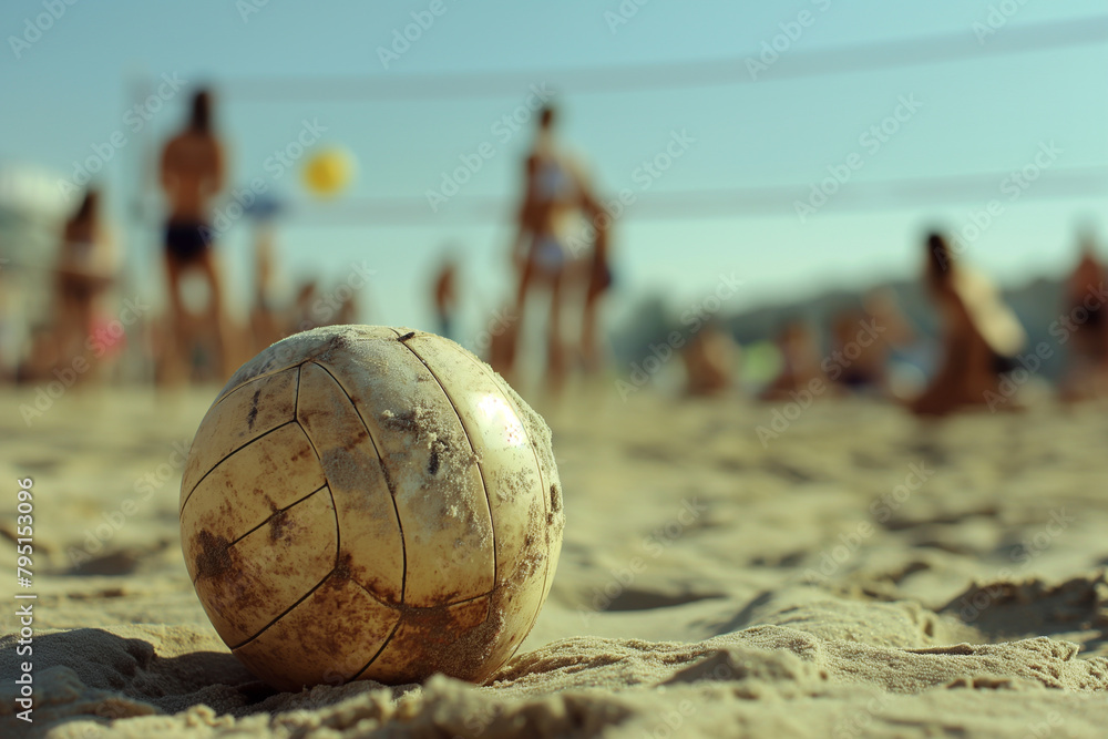 A volleyball is on the sand with a group of people in the background .  Scene is relaxed and fun, as the people are likely playing a game of beach volleyball 