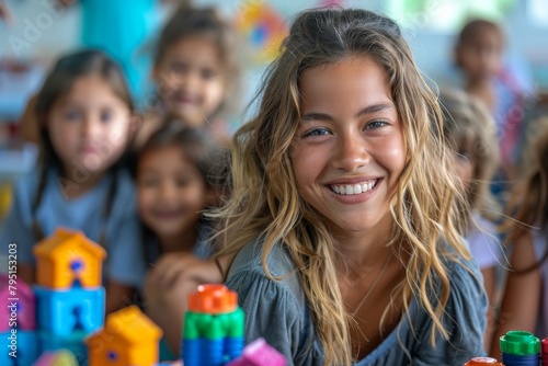 A radiant young girl smiling surrounded by colorful toys and peers  in a vibrant classroom
