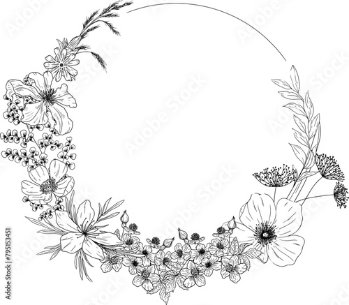 Hand Drawn mixed springtime wildflower flowers set to create a circular frame with leaves and branches.
