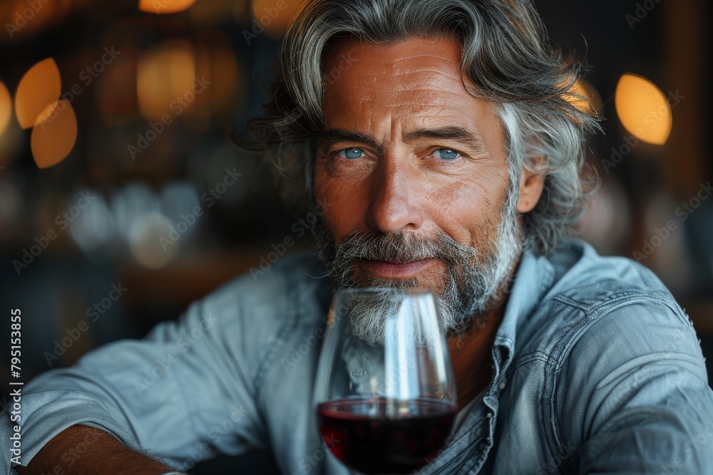 A distinguished mature man with grey hair enjoys a glass of wine, conveying sophistication