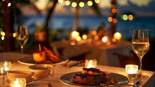 A romantic dinner for two by candlelight, with a table set with fine china and flickering candles, showcasing a gourmet meal of surf and turf.
