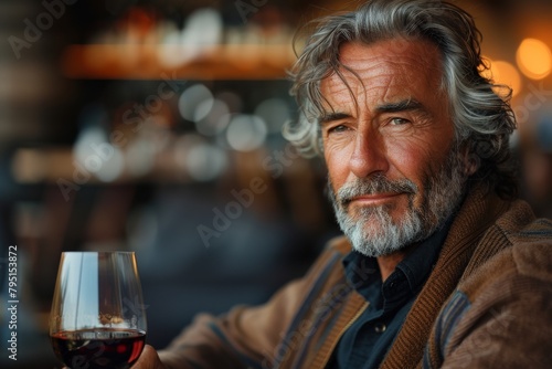 A senior man with a distinguished beard smiles near a wine glass in a warm atmosphere