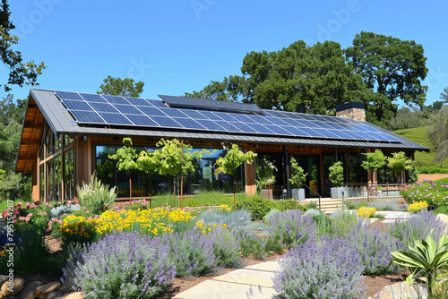 A sustainable home with solar panels on the roof, embracing eco-friendly design principles.