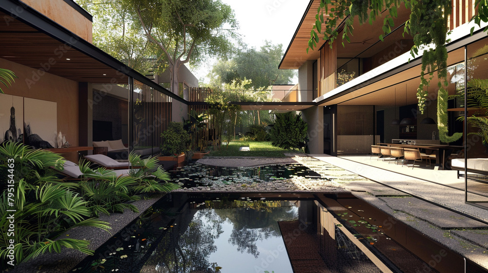 A unique modern house design featuring a central courtyard with a reflecting pool and lush greenery, creating a tranquil outdoor oasis.