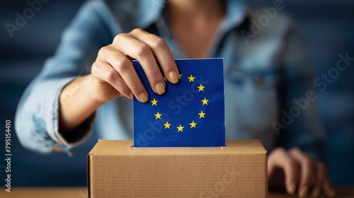EU concept background European elections in Germany / June 9, 2024, woman throws ballot paper with European flag into the ballot box