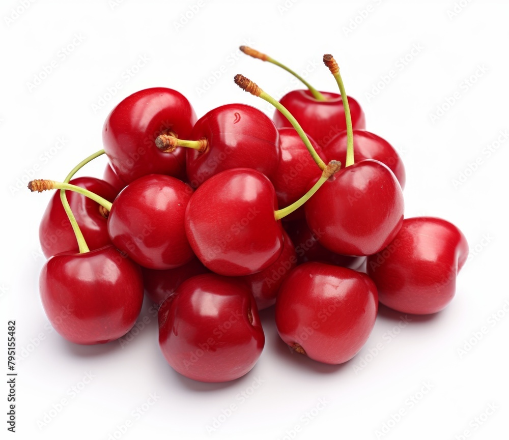 A pile of red cherries with stems on a white background. A pile of red cherries with stems on a white background.