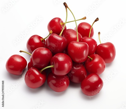 A pile of red cherries with stems on a white background.