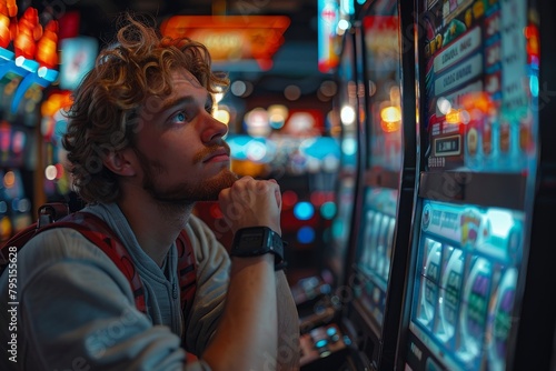 Close-up of an individual engrossed in playing a slot machine in a vibrant, crowded casino setting with lights and action