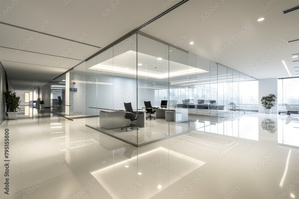 Sleek modern office interior with glass partition, elegant white flooring, and contemporary design Sleek modern office interior with glass partition, elegant white flooring, and contemporary design