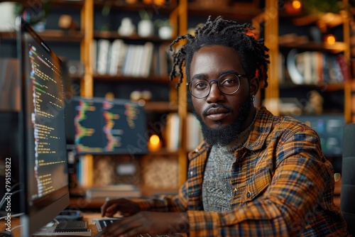 Focused African American male programmer typing on his laptop surrounded by warm ambient office lighting