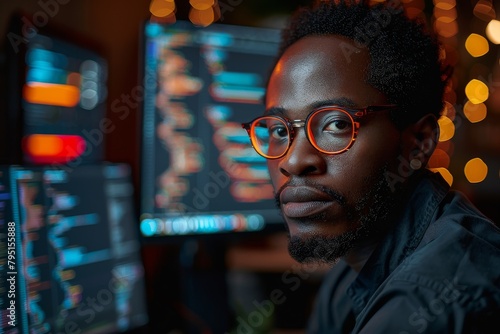 Stylish African American coder donning orange glasses, focusing on the screen in a blue-hued setting